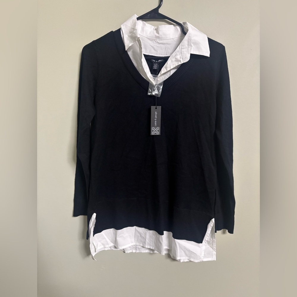 Cable & Gauge Twofer Sweater Size Small Black Layered Look White Collar New